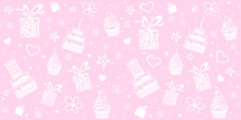 Happy birthday. Seamless wrapping paper. Menu design. Template for a baking shop, cafe. Seamless pattern with cupcakes. Delicious birthday party cupcakes with fruits whipped cream. Vector Illustration