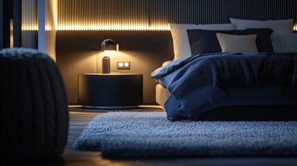 dark bedroom showcases a stylish modern bed with lighting, a small side table, and plush carpet
