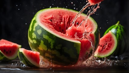 This water action photo captures the sensation of great meal as a whole watermelon slices open, releasing a splash of juice.
