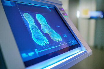 Screen of a foot scanner analyzing a person's flat feet and displaying the results.