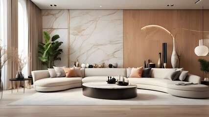 Wood floors, contemporary furnishings, high ceilings, a curving marble wall at the rear, opulent interior decor, and realistic, contemporary design define this living area.
