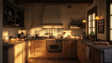 Fototapeta premium A rustic kitchen with wooden cabinets and a window overlooking a forest.
