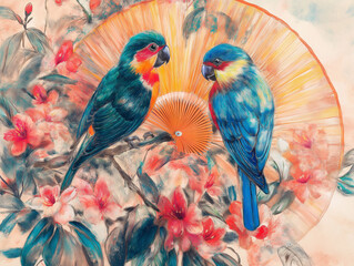 Fototapeta premium Colorful illustration of parrots on a decorated fan with blooming flowers in a vibrant composition