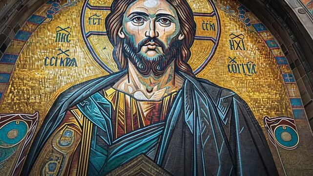 Mosaic of jesus christ looking downwards in church