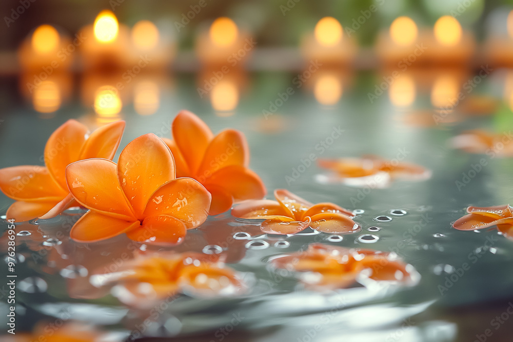 Wall mural Orange blossoms rest gently on the surface of still water, surrounded by bubbles and glowing candles that create a peaceful ambiance in a serene space