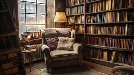 Fototapeta premium Cozy reading nook with a comfortable armchair, warm lighting and bookshelves filled with books.