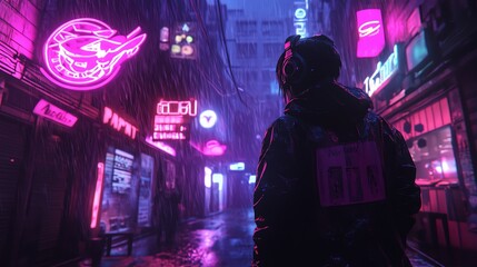 Obraz premium A lone figure walks down a rainy city street at night, neon lights reflecting on the wet pavement.
