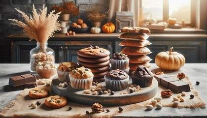 Obraz premium A rustic autumnal spread featuring an assortment of freshly baked cookies, muffins, and chocolate pieces on a wooden table, complemented by decorative pumpkins and a vase of dried wheat.