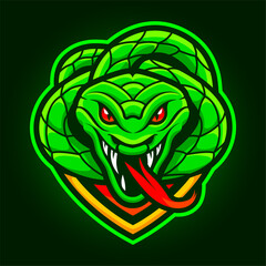 Cobra game logo. Snake gaming sport team mascot cartoon emblem, wild reptile head badge venom snakes wildlife predator face professional club label, ingenious vector illustration