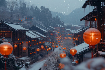 A bustling street market in a snowy city celebrating Dongzhi. Stalls sell tangyuan, hot tea and handmade winter clothes.