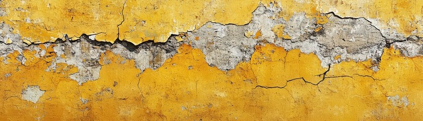 Obraz premium A distressed yellow beton wall with prominent cracks running through it, the paint faded and flaking, offering a raw, industrial texture perfect for backgrounds or grunge-themed designs. watercolor