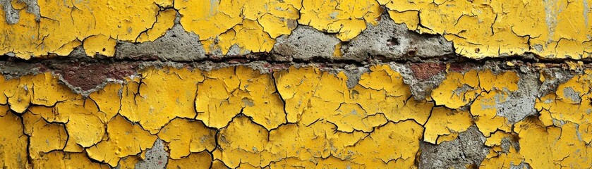 Obraz premium An industrial-style grunge image of a yellow beton wall, heavily cracked and weathered, with peeling paint and rough texture, perfect for creating a raw, worn aesthetic in design projects. watercolor
