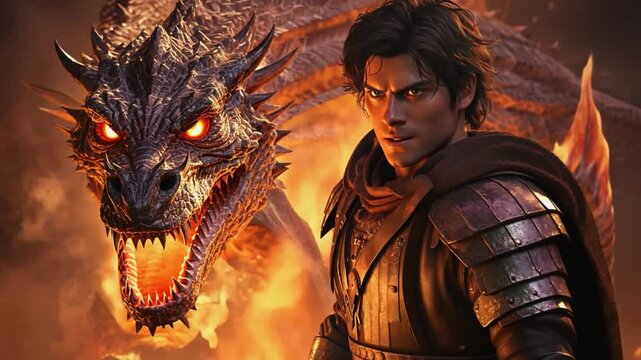 Fantasy warrior standing near breathing fire dragon