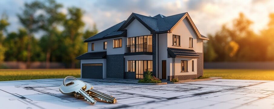3D rendering of house model with keys on architectural blueprint symbolizing home ownership and real estate investment