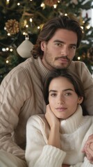 Fototapeta premium The couple snuggles closely, surrounded by the festive glow of Christmas lights and decorations