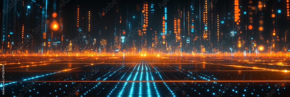 Poster this vibrant digital background features glowing lines and structures, perfect for themes of technol