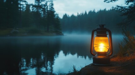 The lit lanterns cast a warm glow onto the calm waters of the lake, surrounded by misty forest, symbolizing peace, nature, adventure, exploration and relaxation.