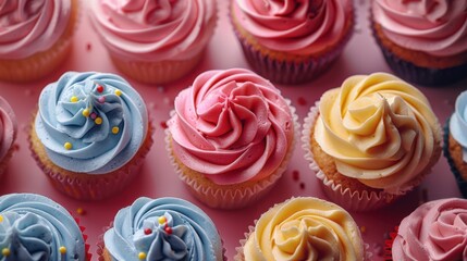 Many cupcakes with different colors on them, food background