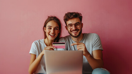 Happy smiling couple man and woman doing online shopping in front of laptop, hold credit cards in their hands on pink wall background. Shopping of black friday and cyber monday.