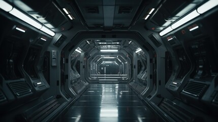 Obraz premium Spaceship in the Universe, spacecraft flying in deep space. Orbital station interior. Future scientific vessel technology, space travel.