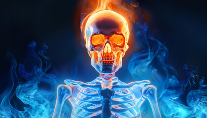 Human skeleton illuminated by fiery orange and cool blue flames in dynamic contrast