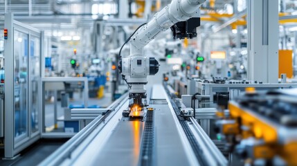 modern manufacturing plant with high-tech machinery. There are large machines with multiple arms working in tandem to assemble components
