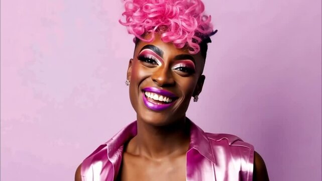 Man with pink hair and bold makeup smiling confidently, bright pink background
