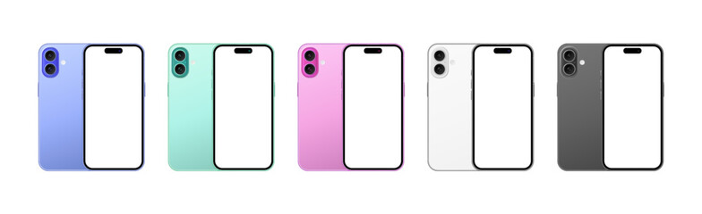Apple iPhone 16 Plus colorful smartphone device front back mockup template set. Modern mobile phones with blank screen for social media presentation