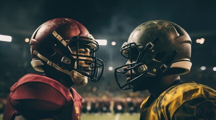 American football player looking to each other. Sportsmen in helmets on stadium in action. Sport and motivation concept. Ai-generated.