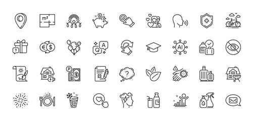Food, Money exchange and Floor plan line icons pack. AI, Question and Answer, Map pin icons. Organic product, Question mark, Rotation gesture web icon. Vector