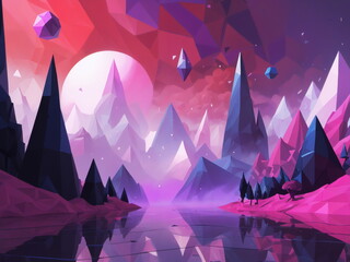 Abstract concept drawing of game world with wild imagination, bold color and shape, featuring low poly design and dynamic environment.