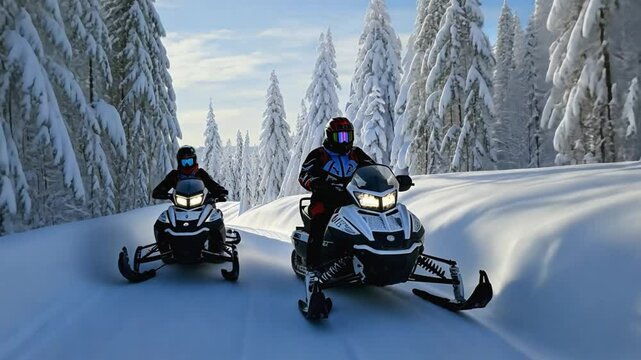 Friends riding snowmobiles on sunny snowy forest road