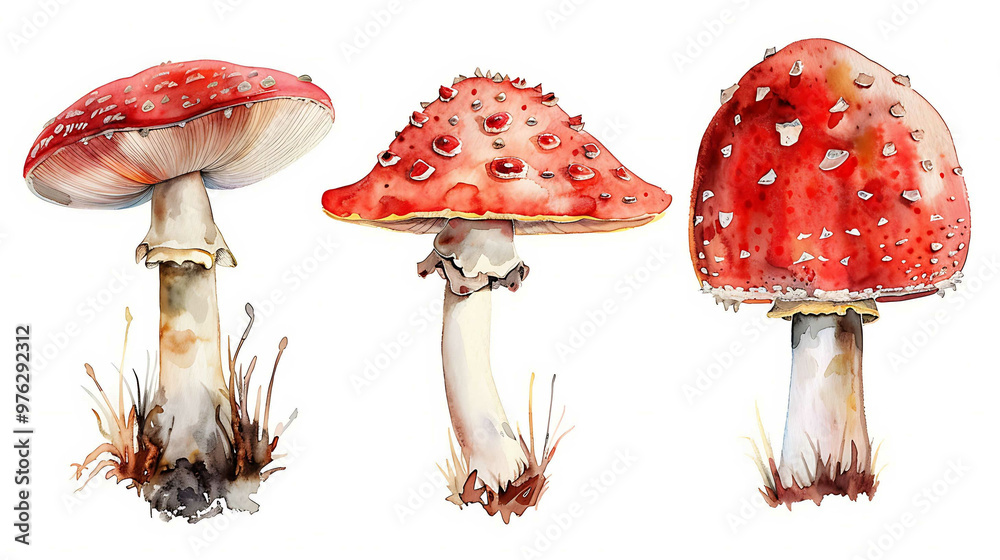 Wall mural Watercolor vintage style red mushroom set  isolated on white background with full depth of field