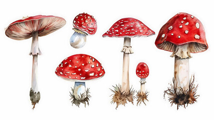 Watercolor vintage style red mushroom set  isolated on white background with full depth of field