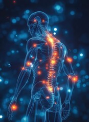 Digital illustration of a human figure with highlighted spine and pain points on a blue background showcasing anatomy and medical concepts