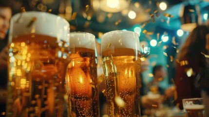 A collection of beer glasses arranged on a table, suitable for use in bar or restaurant scenes
