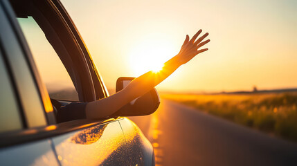 Summer Road Trip Happiness: Man Driving Hatchback at Sunset with Hand Out Window Enjoying Vacation