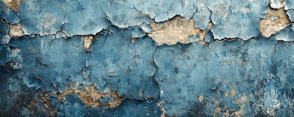 Obraz premium A textured blue-painted concrete surface, with prominent cracks spreading across the wall, paint peeling away to reveal the coarse, weathered beton beneath, creating a raw, industrial grunge