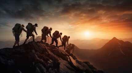 Fototapeta premium Group of hikers at sunset mountain. Young people on mountain hike at sunrise. They holding hands and helping each other. The concept of support and business. Ai-generated.