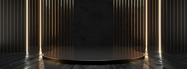 black background podium with gold lines for product presentation, mockup or showcase.