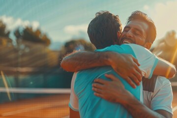 Two men embracing after a match, showing friendship and camaraderie