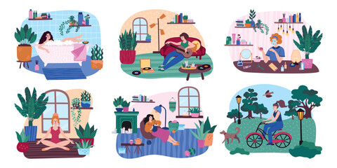 Woman hobby. Home relax. Cosmetic beauty routine. Yoga meditating. Dog walking. Girl riding bicycle in park. Female relaxation. Person bathing and playing guitar. Vector cartoon set