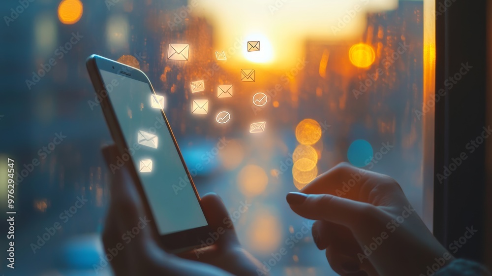 Poster Hands holding a smartphone with social media icons floating in the evening light. Shows staying connected and updated.