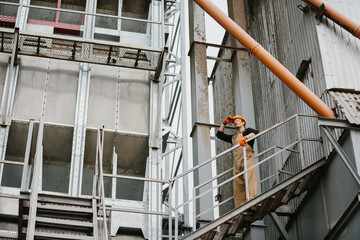 Specially skilled maintenance worker stand on a walkway overlooking grain bins that they are servicing. © dsheremeta