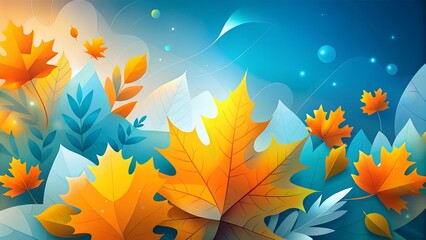 Colorful autumn leaves with a blue background, lively illustration for seasonal decor