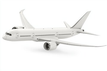 In a 3D rendering we see a white commercial airplane in dynamic ascent isolated on white, with a travel concept in the background.