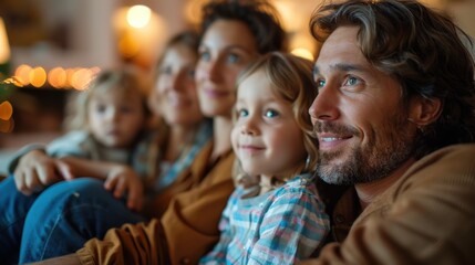 Naklejka premium Create a scene of a family watching a documentary together, with a focus on their engaged expressions and interest in the content.