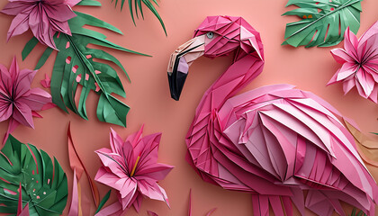  The image shows a pink origami penguin in a tropical setting with palm leaves.