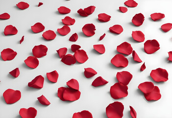 Numerous red rose petals randomly scattered on a smooth white surface, creating a vibrant and romantic contrast.
