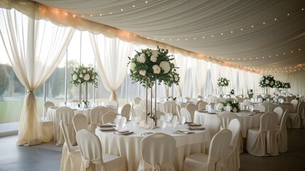 Elegant White Wedding Reception Venue Decorated with Flowers and String Lights